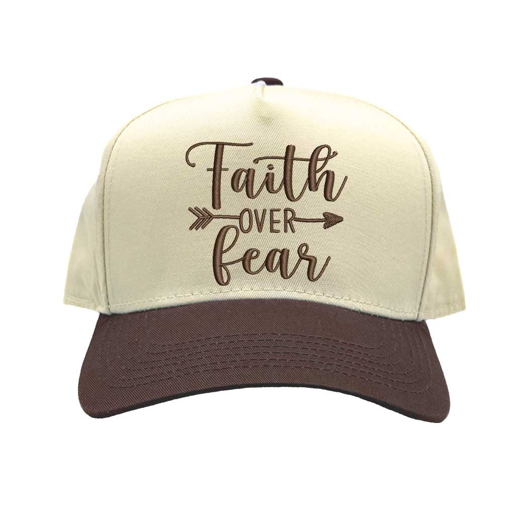 Natural Brown close-up view of a DSY Lifestyle two-tone baseball hat with a neutral crown and contrast bill, featuring the words Faith Over Fear in bold, detailed embroidery. - DSY Lifestyle