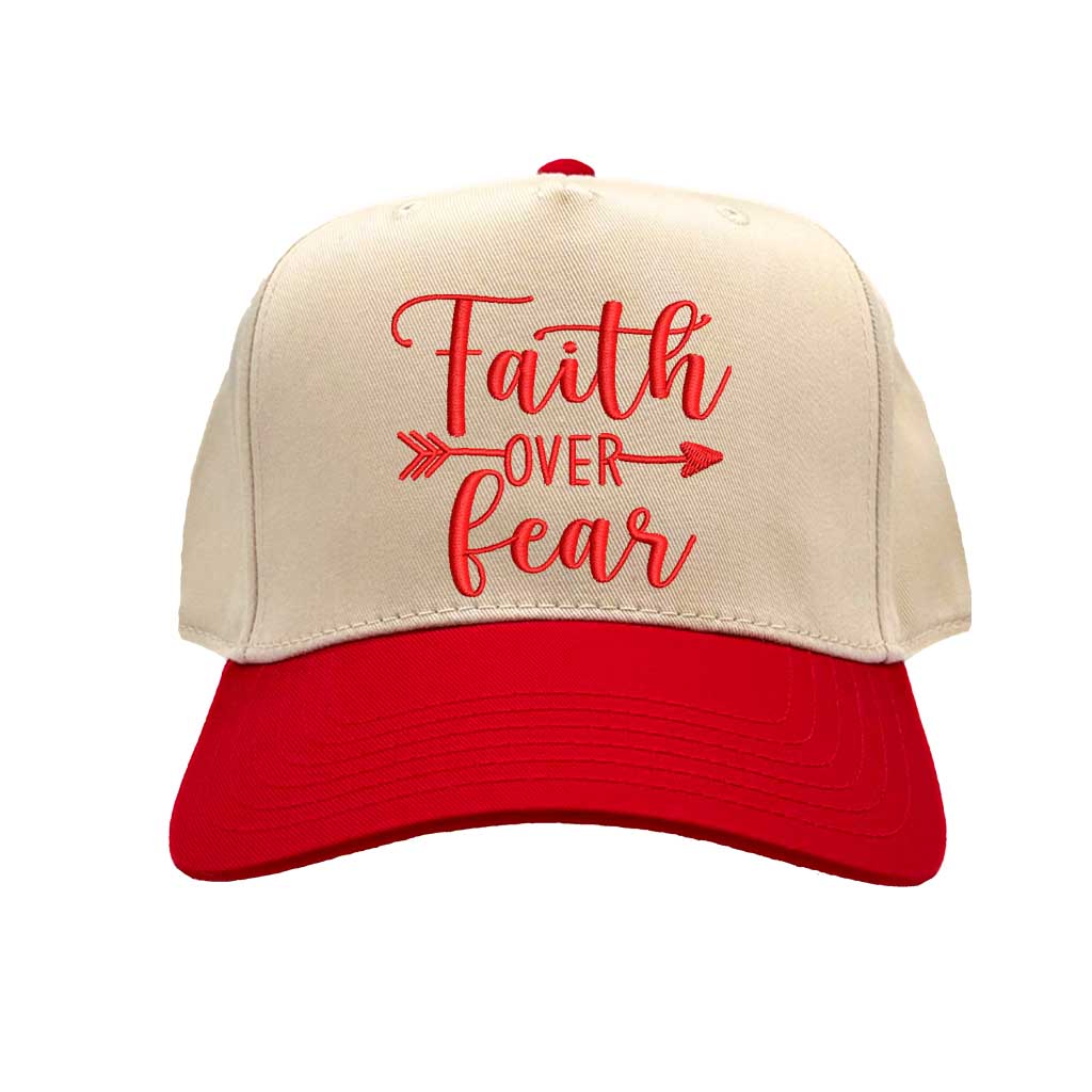 Natural Red close-up view of a DSY Lifestyle two-tone baseball hat with a neutral crown and contrast bill, featuring the words Faith Over Fear in bold, detailed embroidery. - DSY Lifestyle