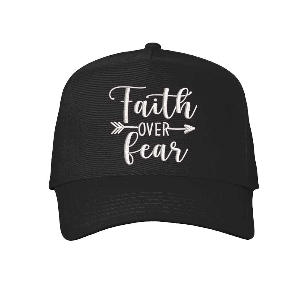 Solid Black close-up view of a DSY Lifestyle 5-panel baseball hat with a corresponding crown and contrast bill, featuring the words Faith Over Fear in bold, detailed embroidery. - DSY Lifestyle