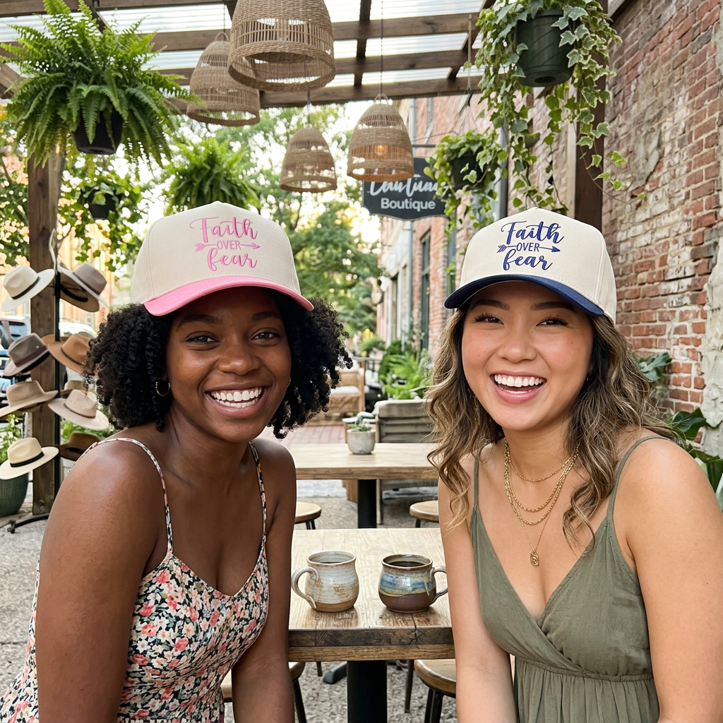 Two females sitting outside cafe wearing two-tone baseball hats with a neutral crown and contrast bill, featuring the words Faith Over Fear in bold, detailed embroidery. - DSY Lifestyle