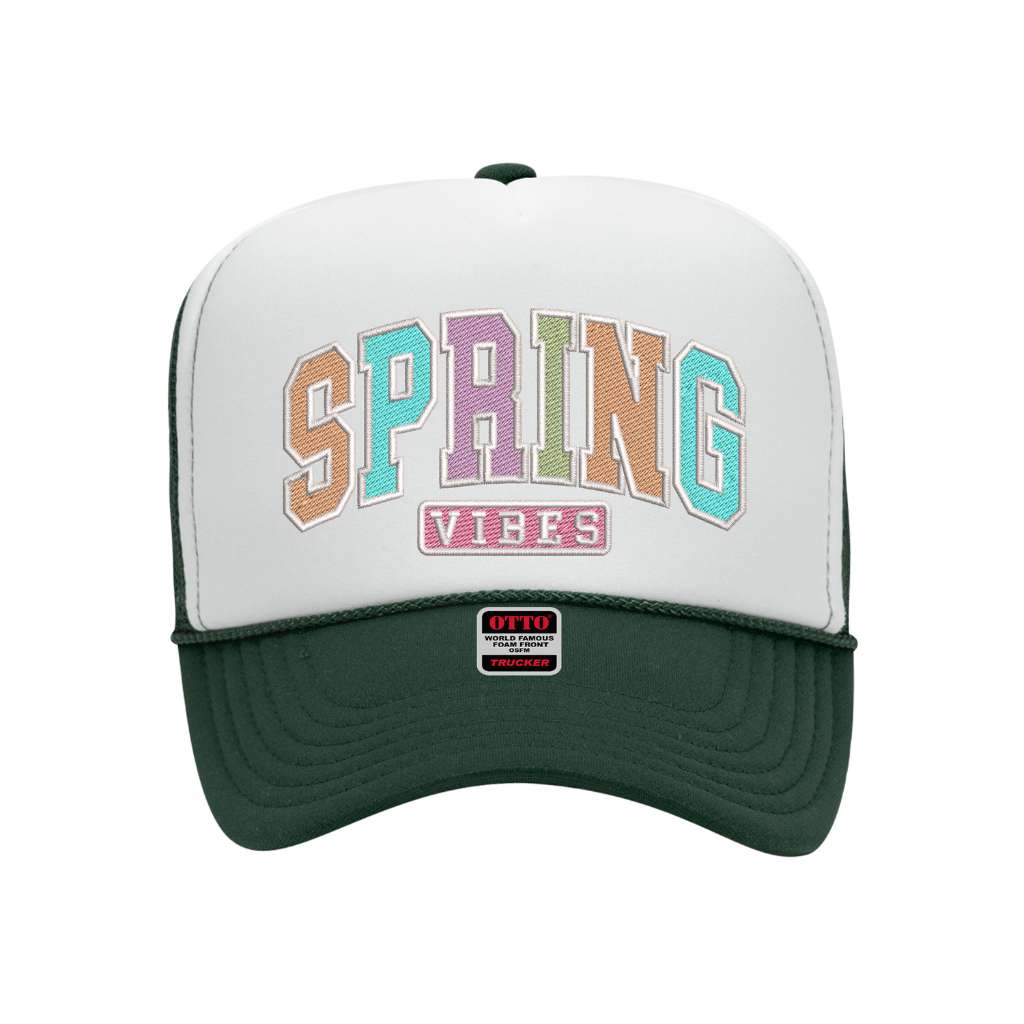 Forest green with white front tab foam trucker hat embroidered with the phrase spring vibes on it-DSY Lifestyle