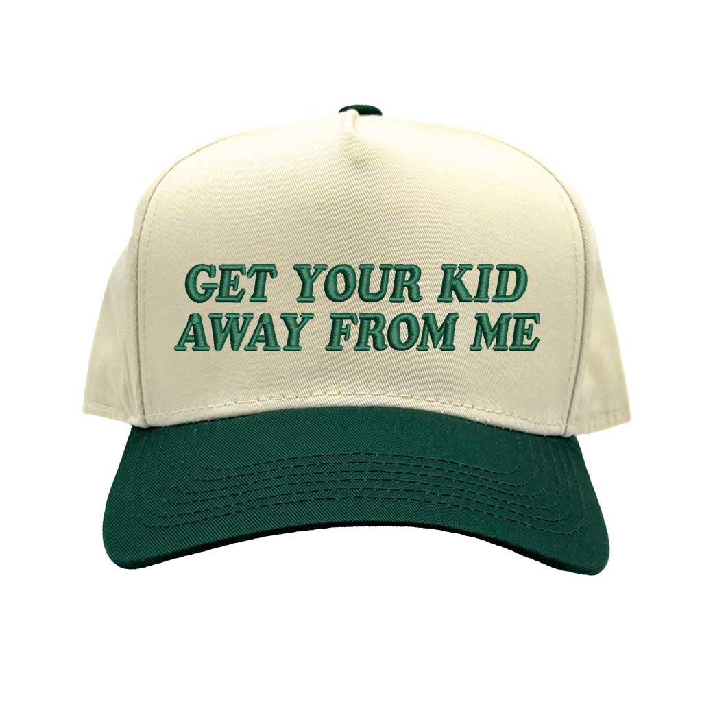 Natural Forest Green Funny two-tone 5-panel baseball hat with “Get Your Kid Away From Me” slogan, adjustable unisex cap for everyday wear. DSY Lifestyle.