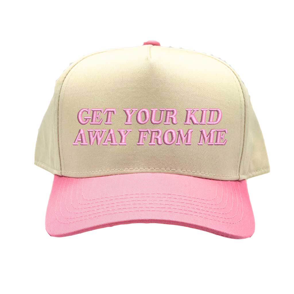 Natural Light Pink Funny two-tone 5-panel baseball hat with “Get Your Kid Away From Me” slogan, adjustable unisex cap for everyday wear. DSY Lifestyle.