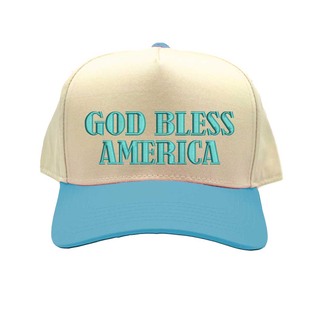 Natural/Aqua God Bless America 5-panel embroidered baseball hat with patriotic message on a structured cap – DSY Lifestyle