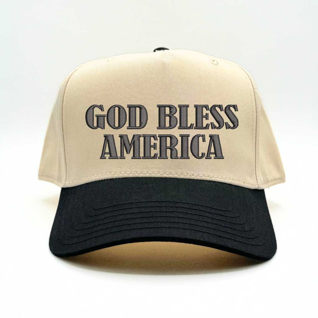 Natural/Black God Bless America 5-panel embroidered baseball hat with patriotic message on a structured cap – DSY Lifestyle