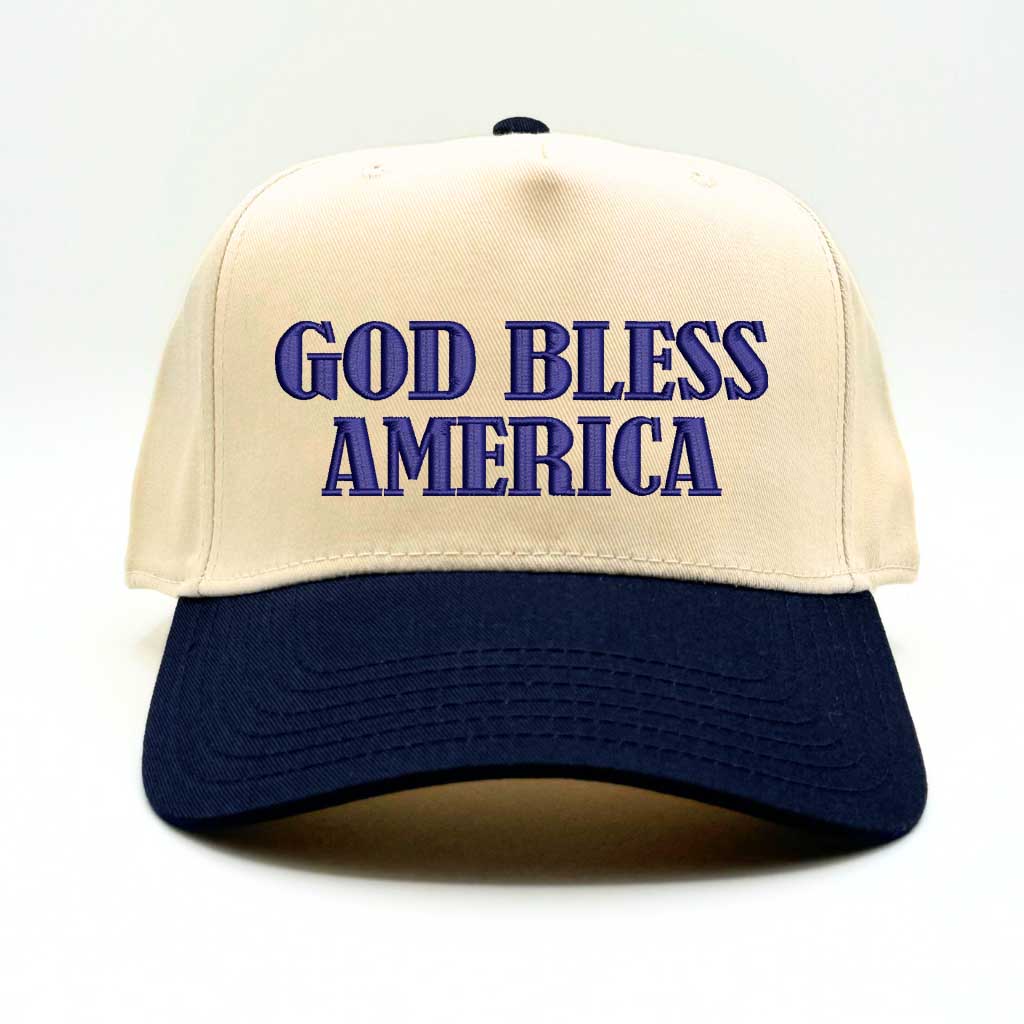 Natural/Navy Blue God Bless America 5-panel embroidered baseball hat with patriotic message on a structured cap – DSY Lifestyle