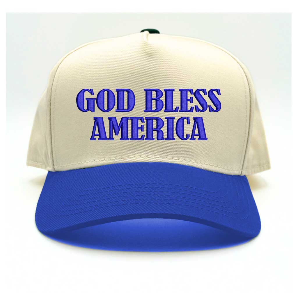 Natural/Royal Blue God Bless America 5-panel embroidered baseball hat with patriotic message on a structured cap – DSY Lifestyle
