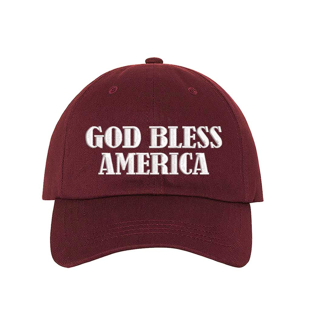Burgundy God Bless America embroidered baseball hat featuring bold patriotic stitching and classic style – DSY Lifestyle