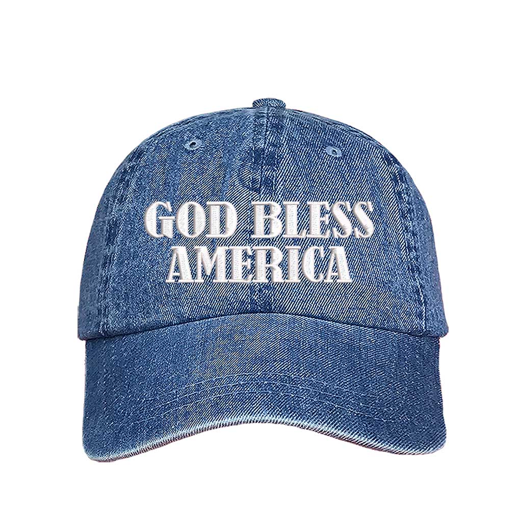 Light Denim God Bless America embroidered baseball hat featuring bold patriotic stitching and classic style – DSY Lifestyle