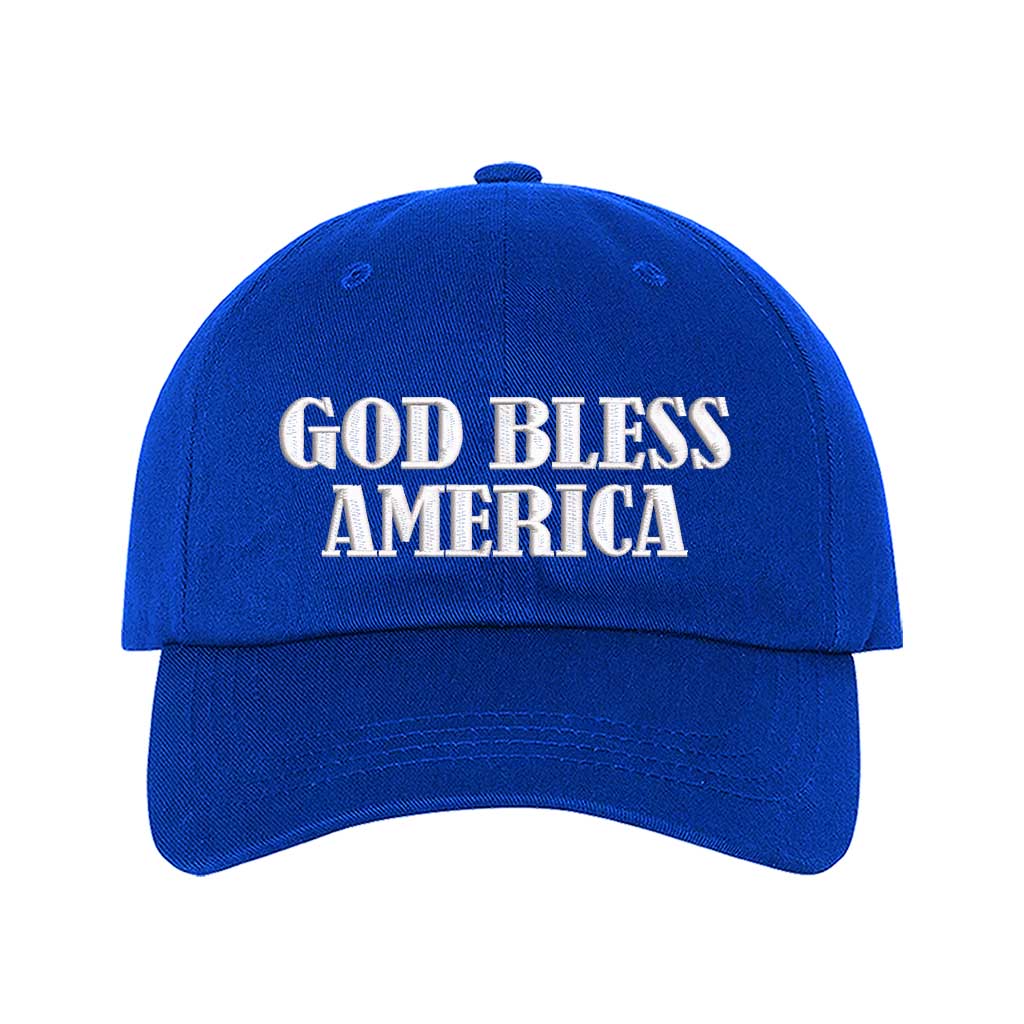 Royal Blue God Bless America embroidered baseball hat featuring bold patriotic stitching and classic style – DSY Lifestyle
