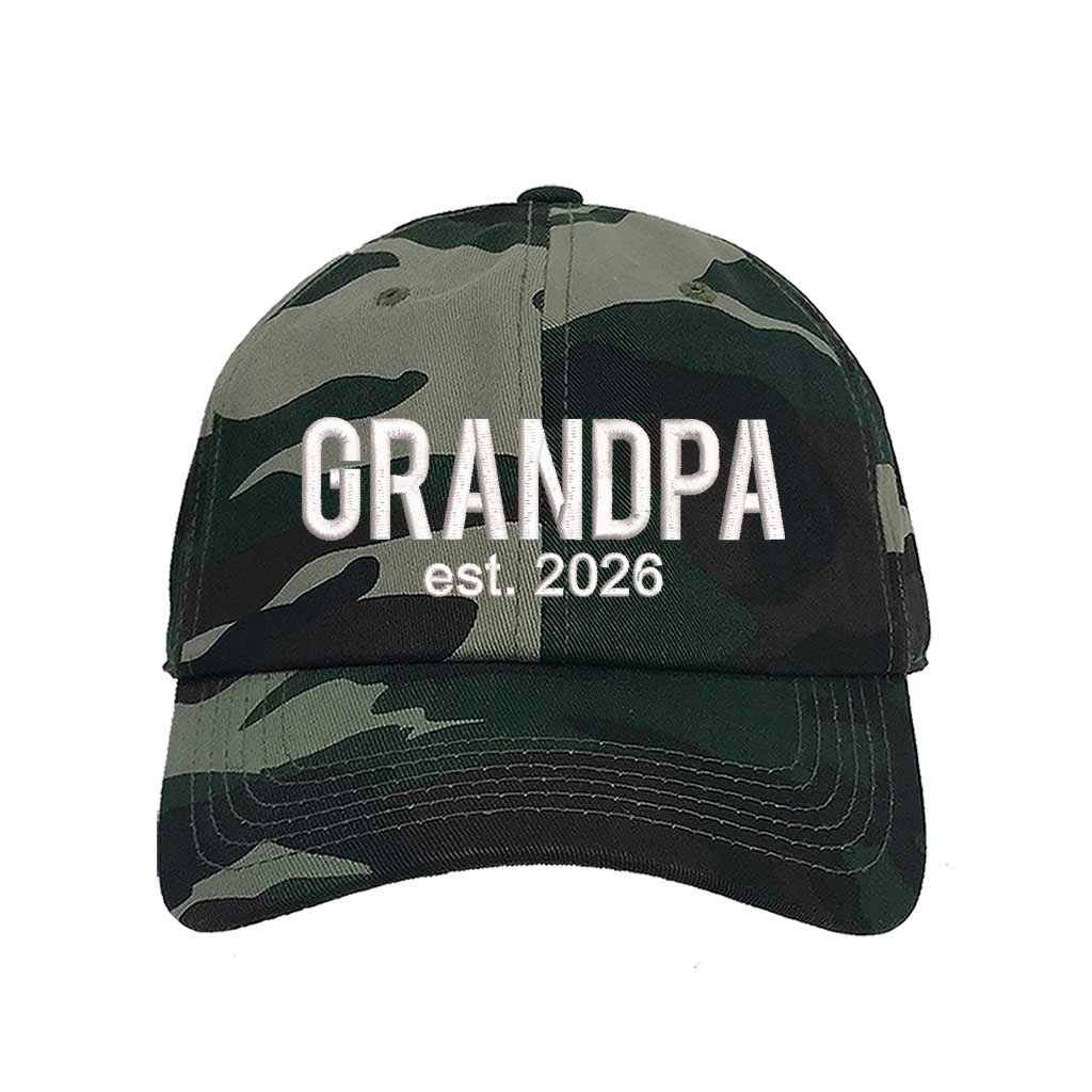 Camo Grandpa Est. 2026 Baseball Hat featuring bold white embroidery on a premium dad cap; a stylish 2026 announcement gift for new grandfathers by DSY Lifestyle.