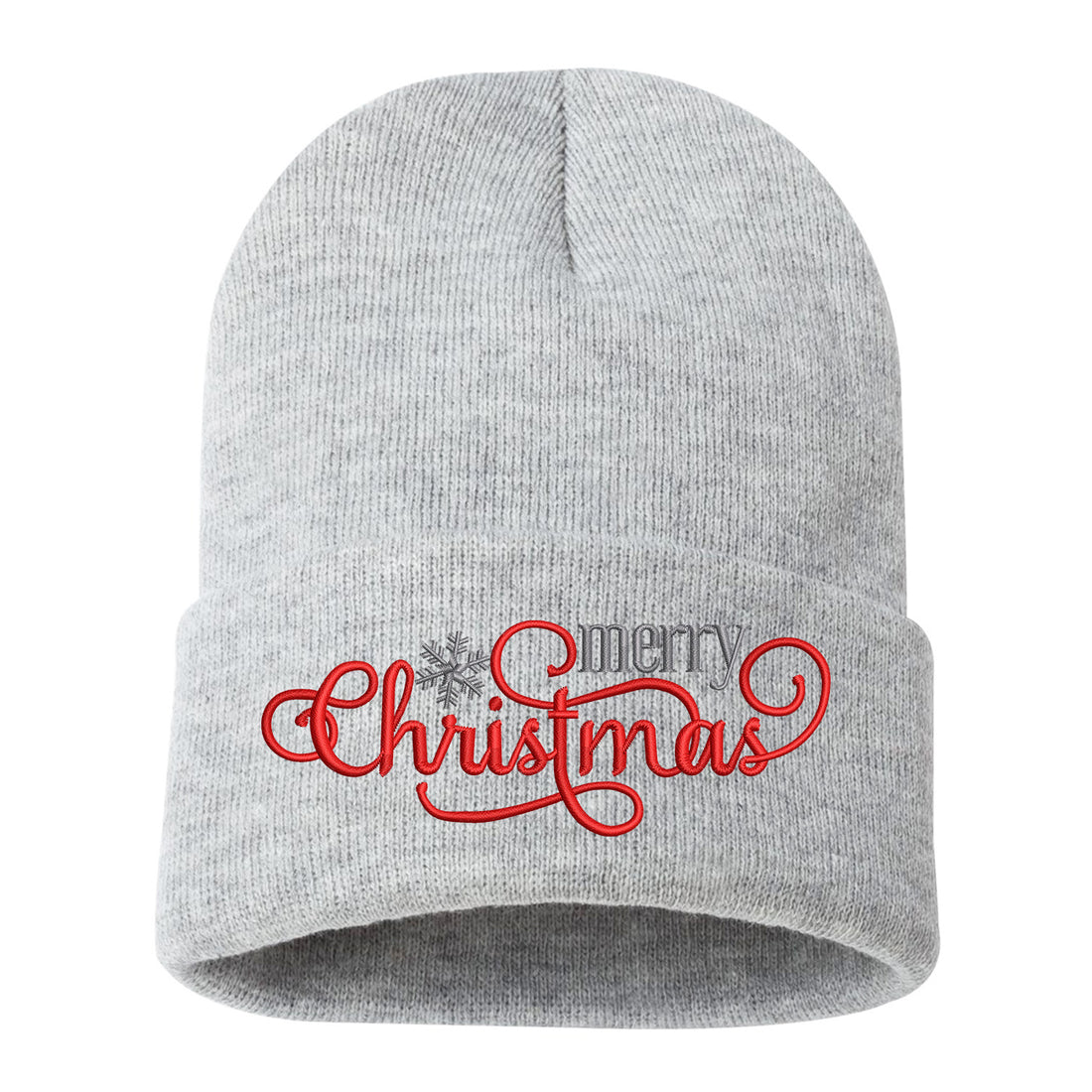 Heather Gray Merry Christmas Snowflakes Embroidered Beanie Cap featuring festive embroidered snowflakes and warm winter knit design – DSY Lifestyle