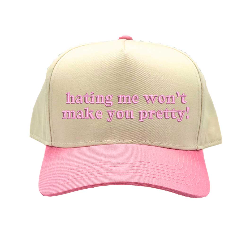 Natural Pink Spring two-tone embroidered baseball hat with "Hating Me Won’t Make You Pretty!" stitched in bold lettering. Trendy snapback cap for confident, stylish looks - DSY Lifestyle