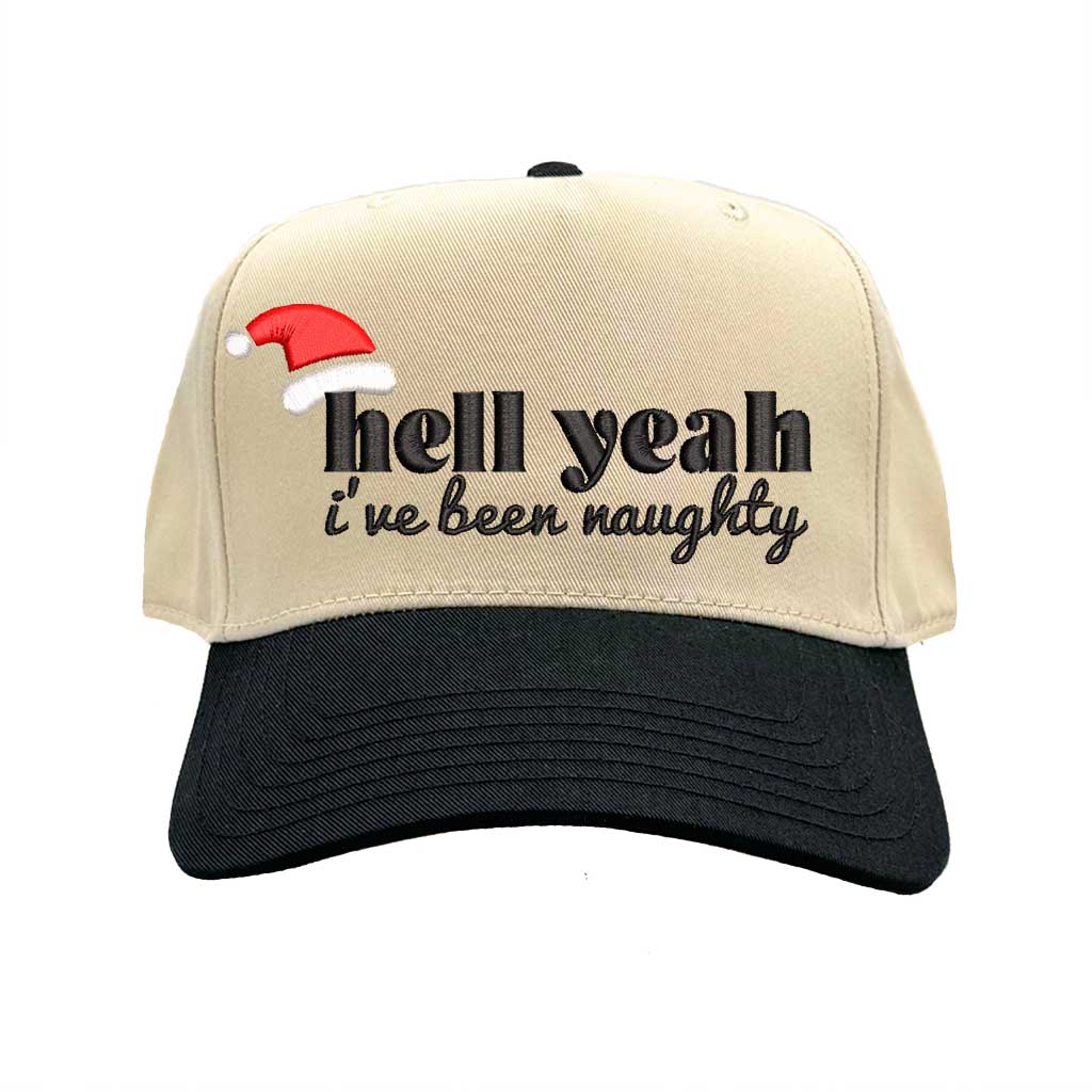 Natural Black Hell Yeah I’ve Been Naughty Two Tone 5-Panel Embroidered Baseball Hat featuring bold holiday embroidery and adjustable snapback closure – DSY Lifestyle
