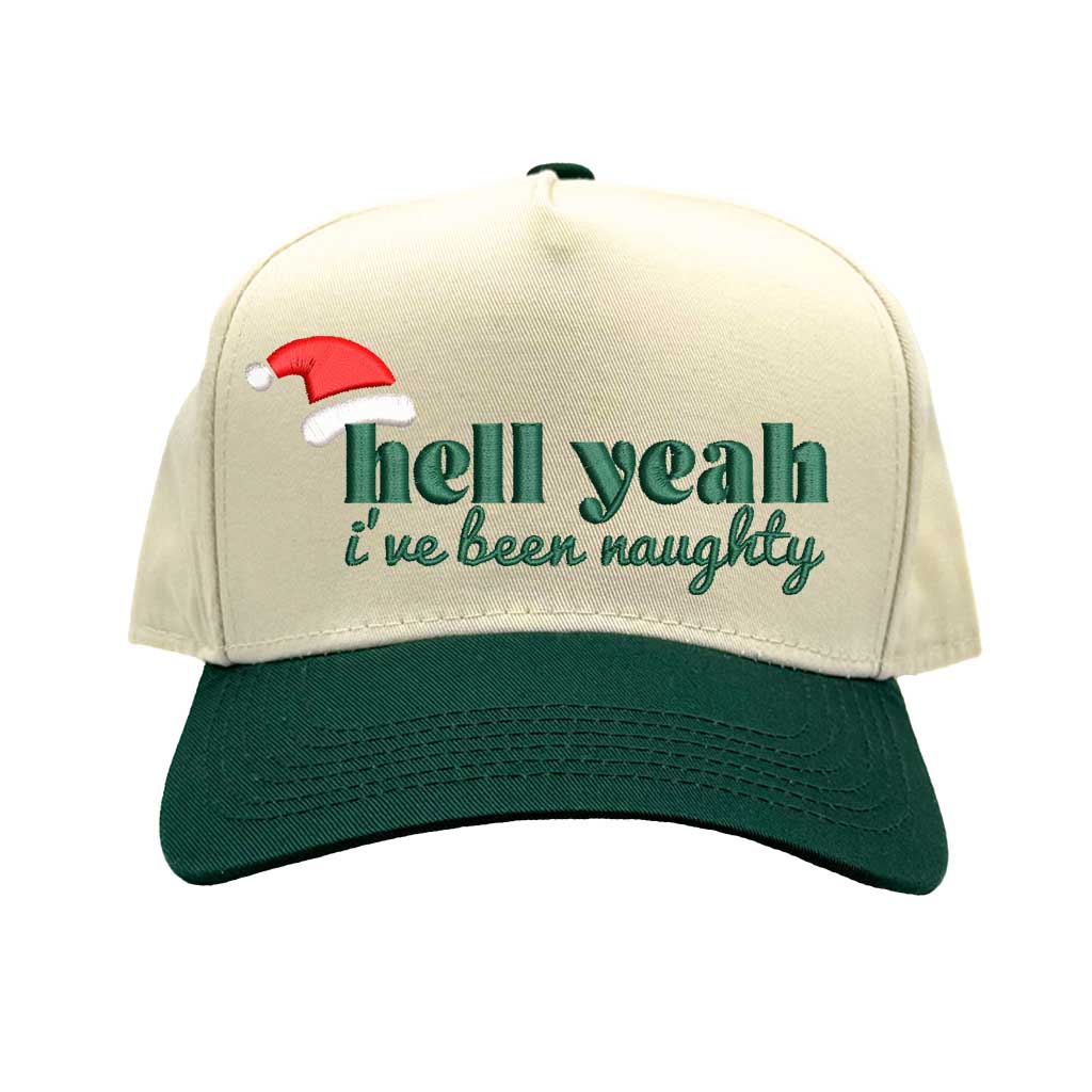Natural Forest Green Hell Yeah I’ve Been Naughty Two Tone 5-Panel Embroidered Baseball Hat featuring bold holiday embroidery and adjustable snapback closure – DSY Lifestyle