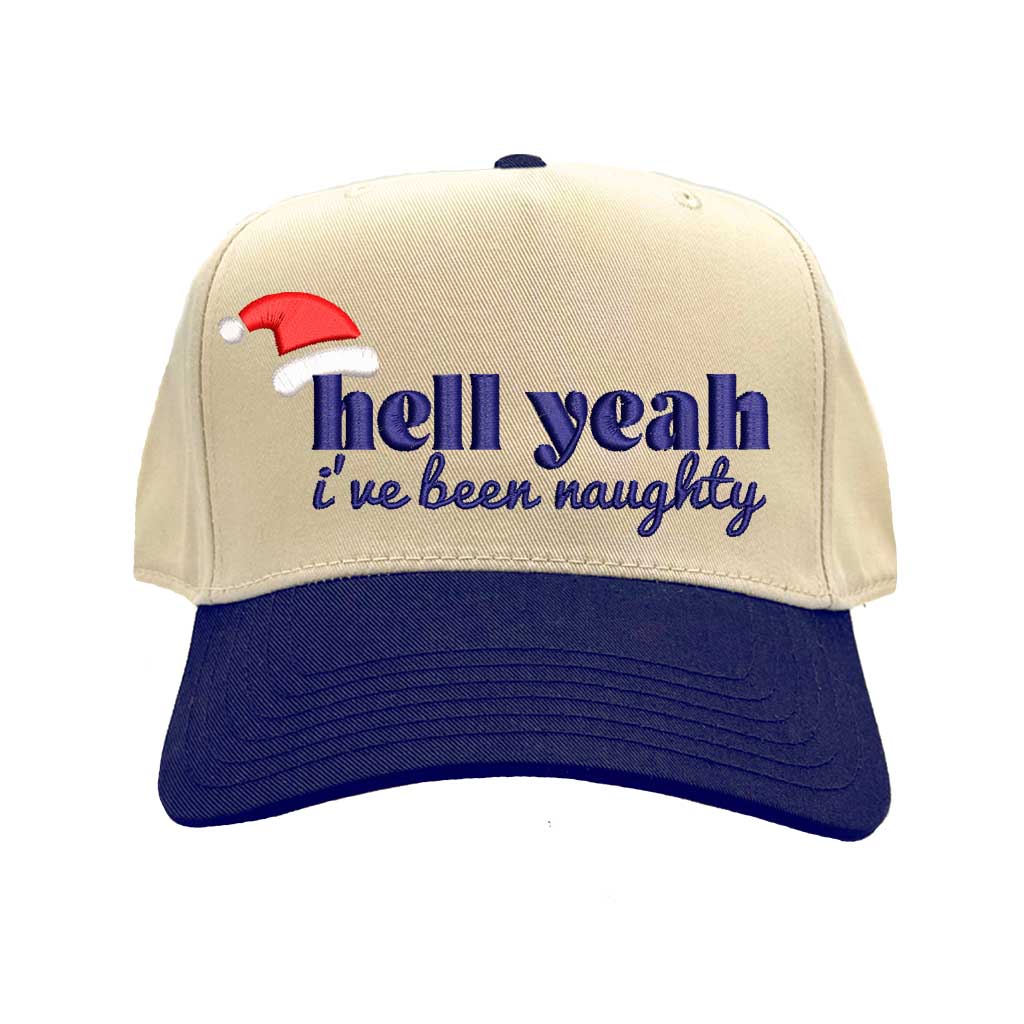 Natural Navy Blue Hell Yeah I’ve Been Naughty Two Tone 5-Panel Embroidered Baseball Hat featuring bold holiday embroidery and adjustable snapback closure – DSY Lifestyle