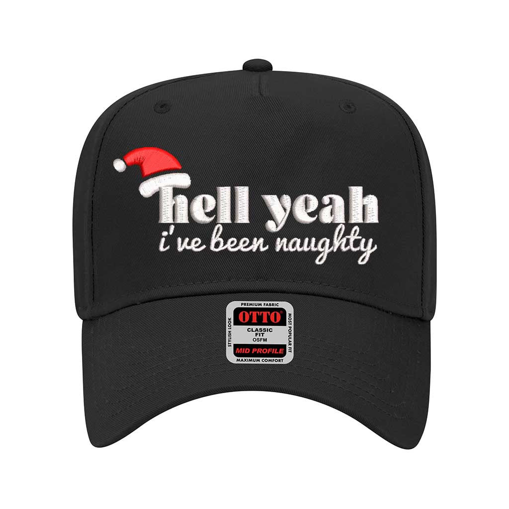Solid Black Hell Yeah I’ve Been Naughty 5-Panel Embroidered Baseball Hat featuring bold holiday embroidery and adjustable snapback closure – DSY Lifestyle