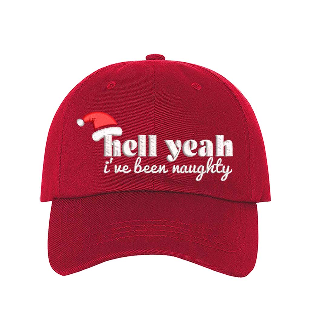 Red Hell Yeah I’ve Been Naughty Embroidered Baseball Hat featuring bold statement embroidery, curved brim, and adjustable hook and loop closure – DSY Lifestyle