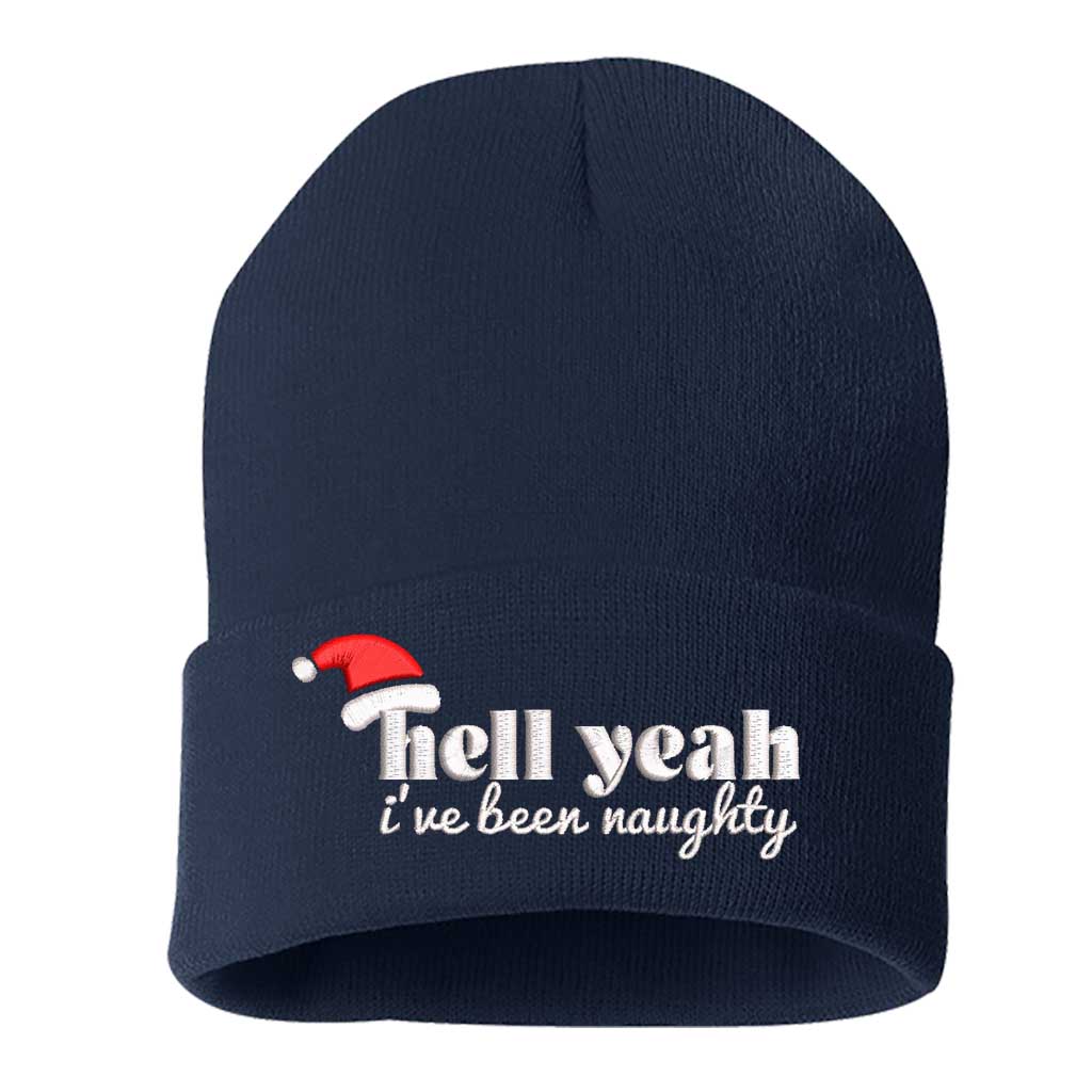 Navy Blue Hell Yeah I’ve Been Naughty Embroidered Beanie Cap featuring festive red embroidery on a soft winter knit hat, perfect for Christmas humor and holiday style - DSY Lifestyle