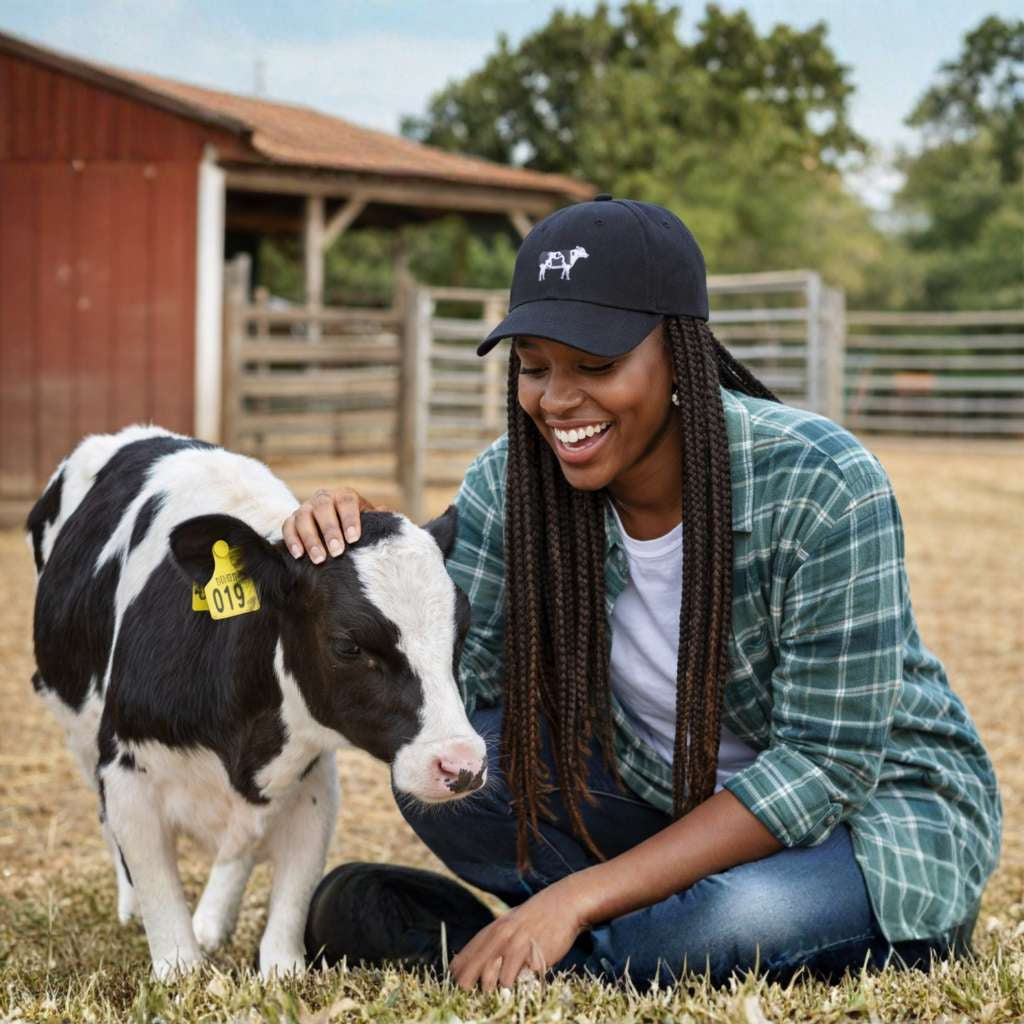 Female petting a miniature cow on the farm wearing a Black Holstein Cow - Embroidered Baseball Hat makes a distinctive statement. An ideal accessory for both practical wear and showing off your farming pride. DSY Lifestyle