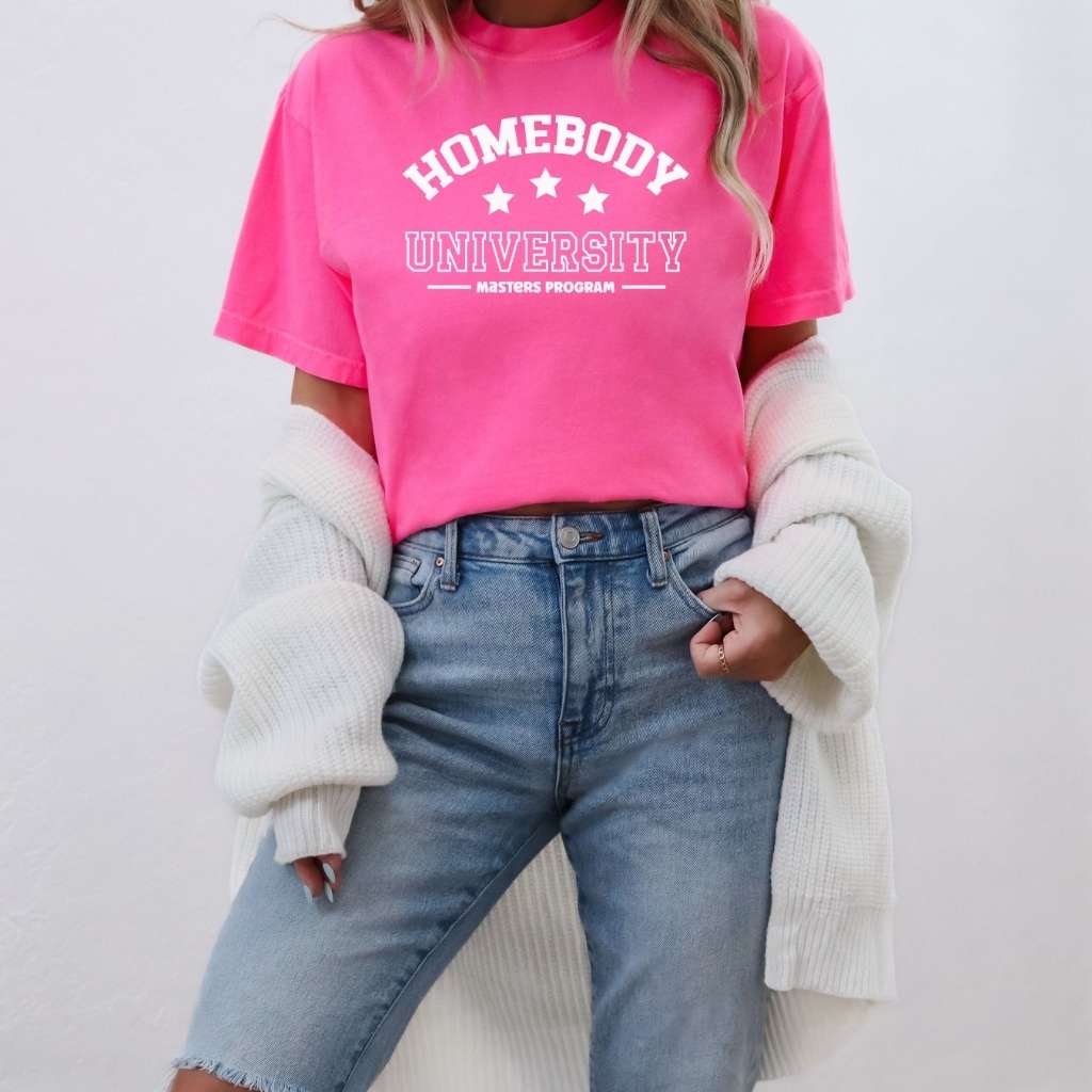 Hot Pink Washed Unisex Tee with Homebody University - DSY Lifestyle