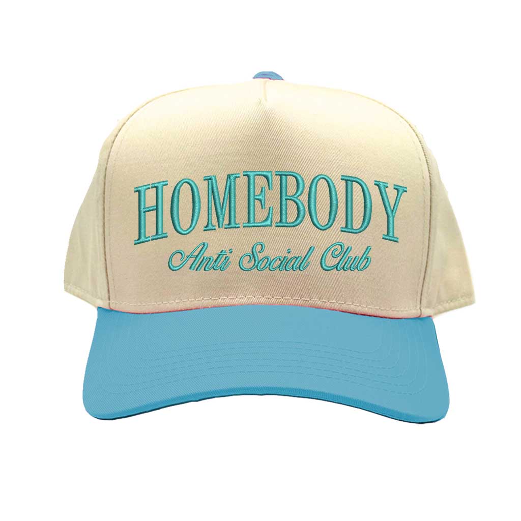 Natural Aqua Homebody Anti-Social Club embroidered baseball hat. A two-tone statement hat for women who love comfort, style, and effortless outfits. -DSY Lifestyle