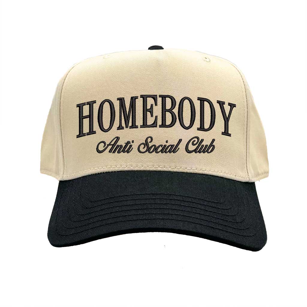 Natural Black Homebody Anti-Social Club embroidered baseball hat. A two-tone statement hat for women who love comfort, style, and effortless outfits. -DSY Lifestyle