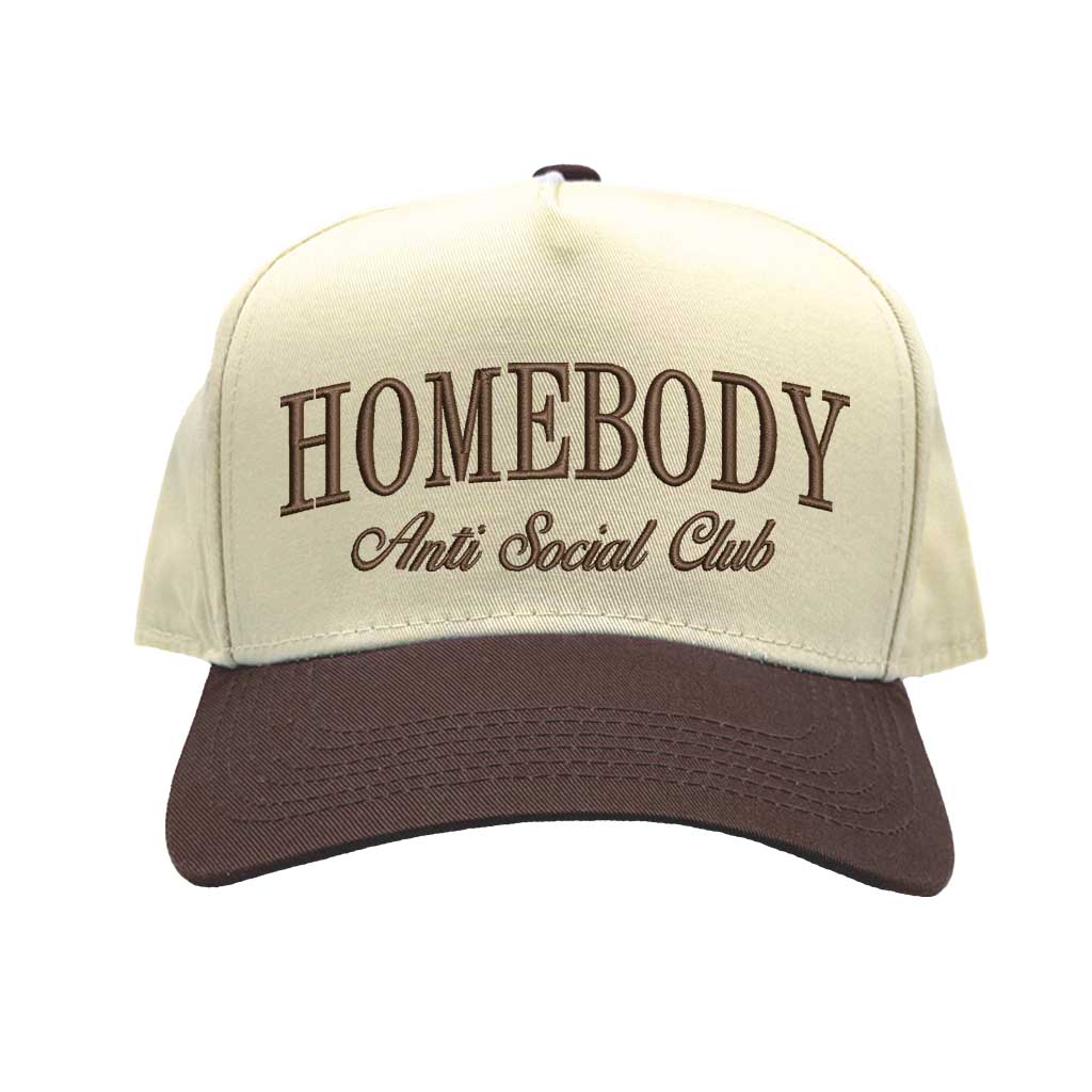 Natural Brown Homebody Anti-Social Club embroidered baseball hat. A two-tone statement hat for women who love comfort, style, and effortless outfits. -DSY Lifestyle