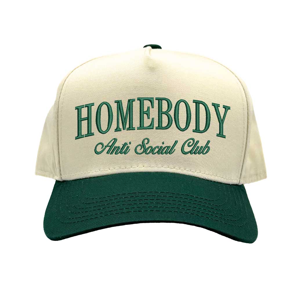 Natural Forest Green Homebody Anti-Social Club embroidered baseball hat. A two-tone statement hat for women who love comfort, style, and effortless outfits. -DSY Lifestyle