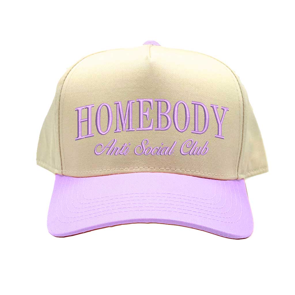 Natural Lavender Homebody Anti-Social Club embroidered baseball hat. A two-tone statement hat for women who love comfort, style, and effortless outfits. -DSY Lifestyle