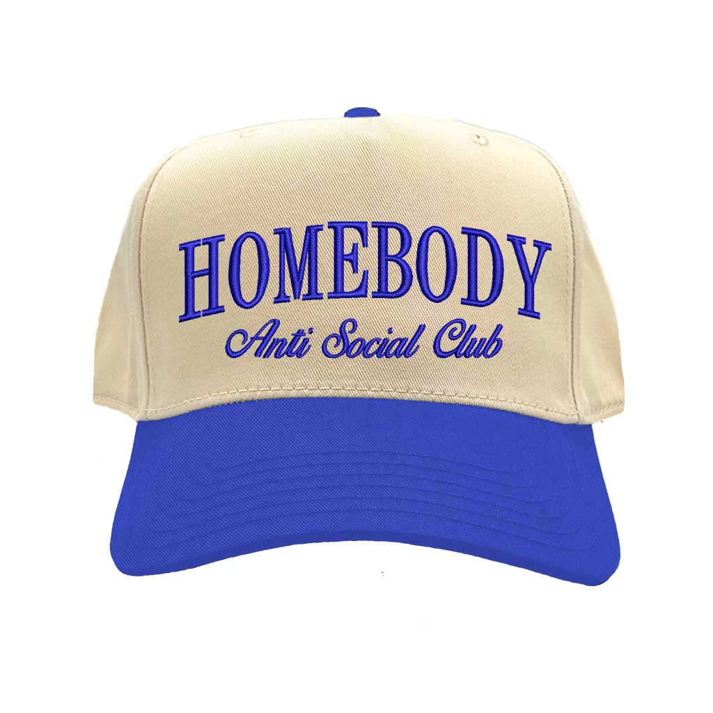 Natural Royal Blue Homebody Anti-Social Club embroidered baseball hat. A two-tone statement hat for women who love comfort, style, and effortless outfits. -DSY Lifestyle