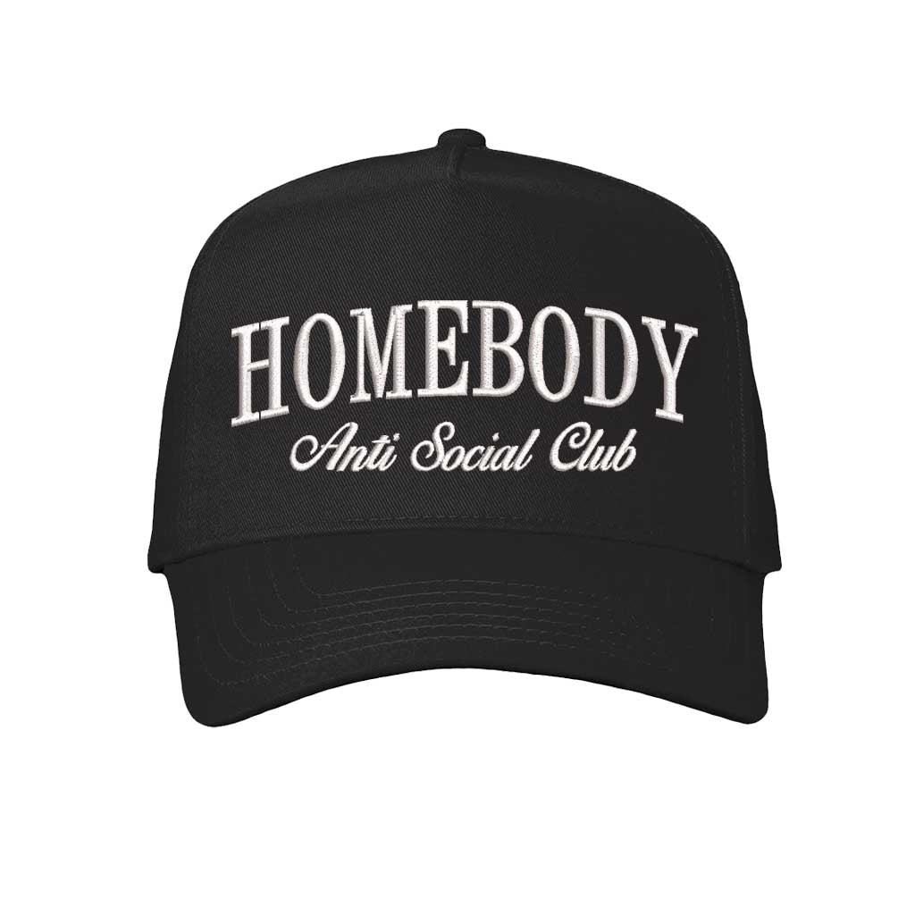 Solid Black Homebody Anti-Social Club embroidered baseball hat. A 5-panel statement hat for women who love comfort, style, and effortless outfits. -DSY Lifestyle