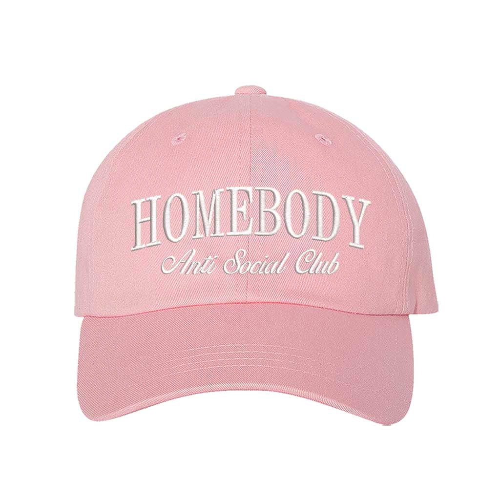 Light Pink Homebody Anti Social Club embroidered baseball hat with minimalist white text on a premium dark cotton cap by DSY Lifestyle.