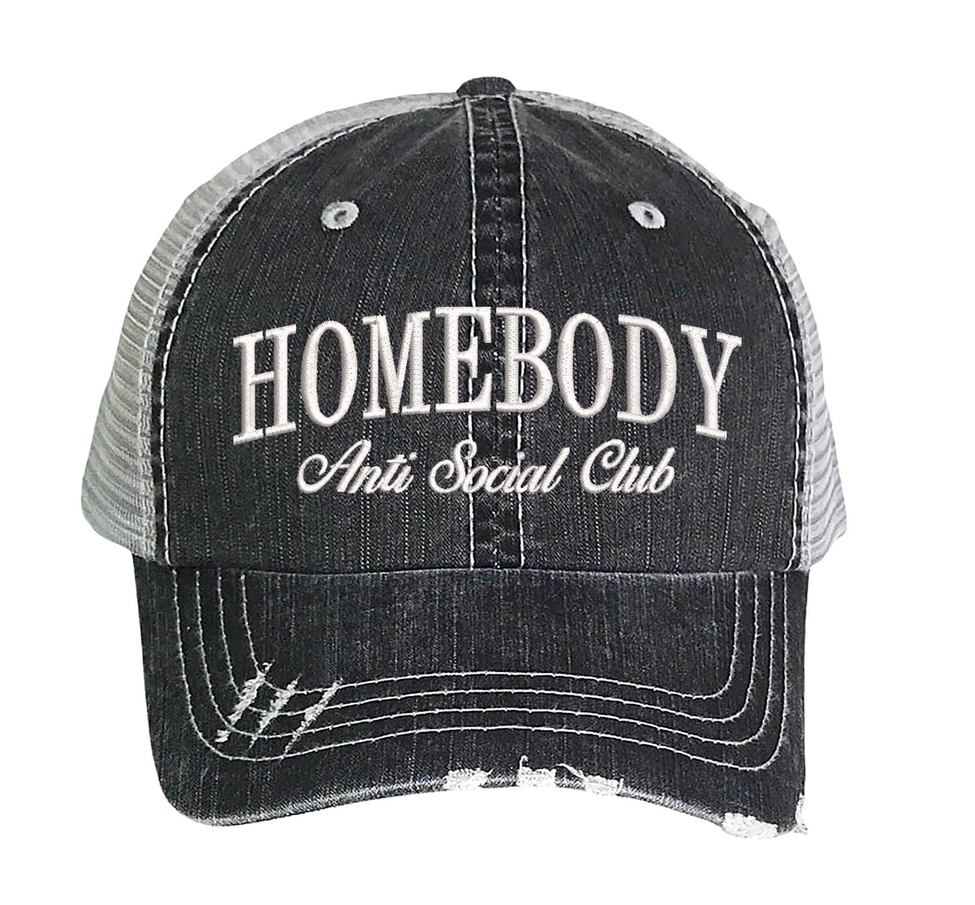 Black Homebody Anti-Social Club embroidered distressed trucker hat for women. Casual statement hat for everyday comfort, errands, and street style. - DSY Lifestyle