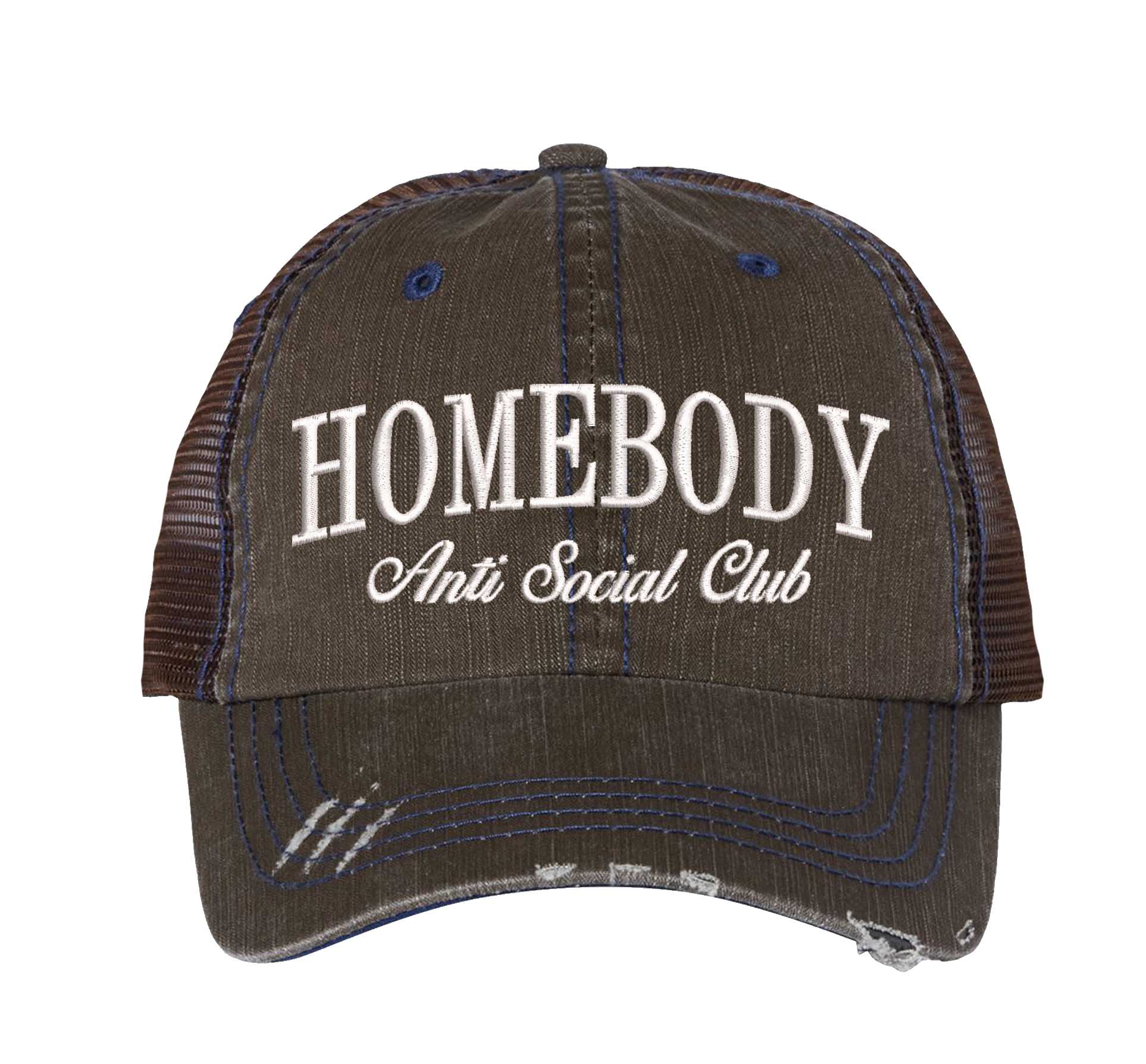 Brown Homebody Anti-Social Club embroidered distressed trucker hat for women. Casual statement hat for everyday comfort, errands, and street style. - DSY Lifestyle