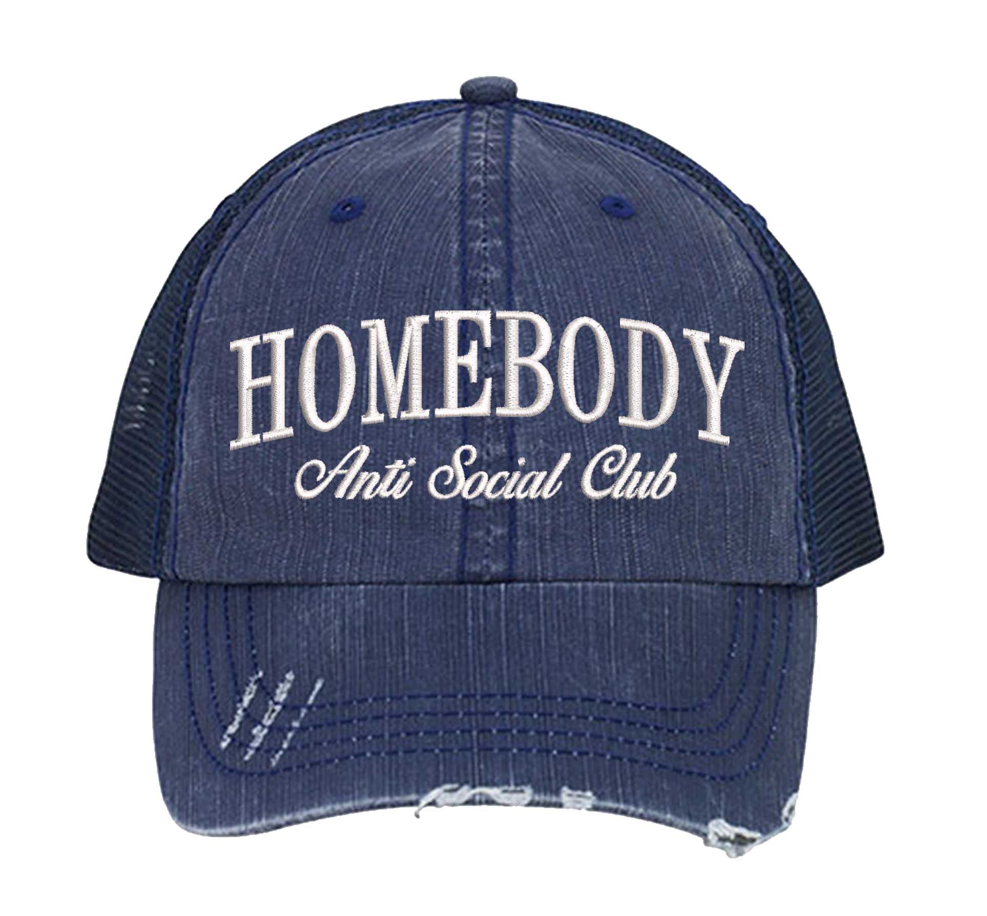 Navy Blue Homebody Anti-Social Club embroidered distressed trucker hat for women. Casual statement hat for everyday comfort, errands, and street style. - DSY Lifestyle