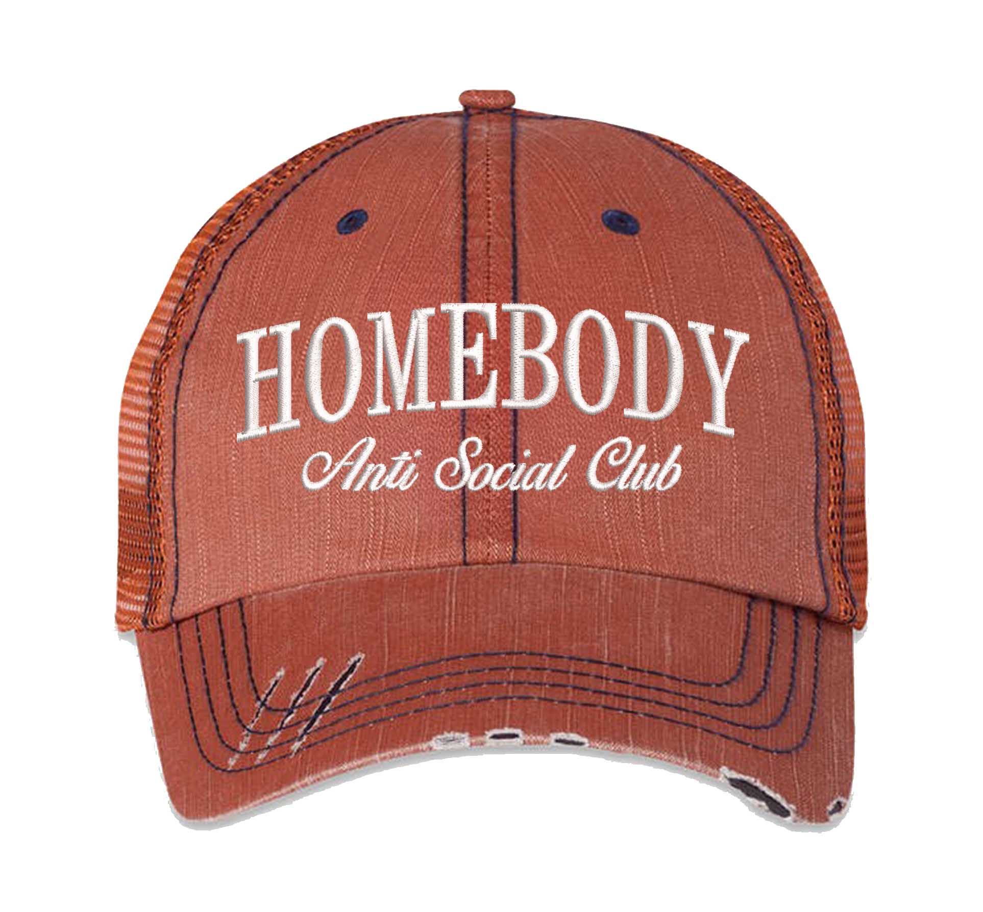 Orange Homebody Anti-Social Club embroidered distressed trucker hat for women. Casual statement hat for everyday comfort, errands, and street style. - DSY Lifestyle
