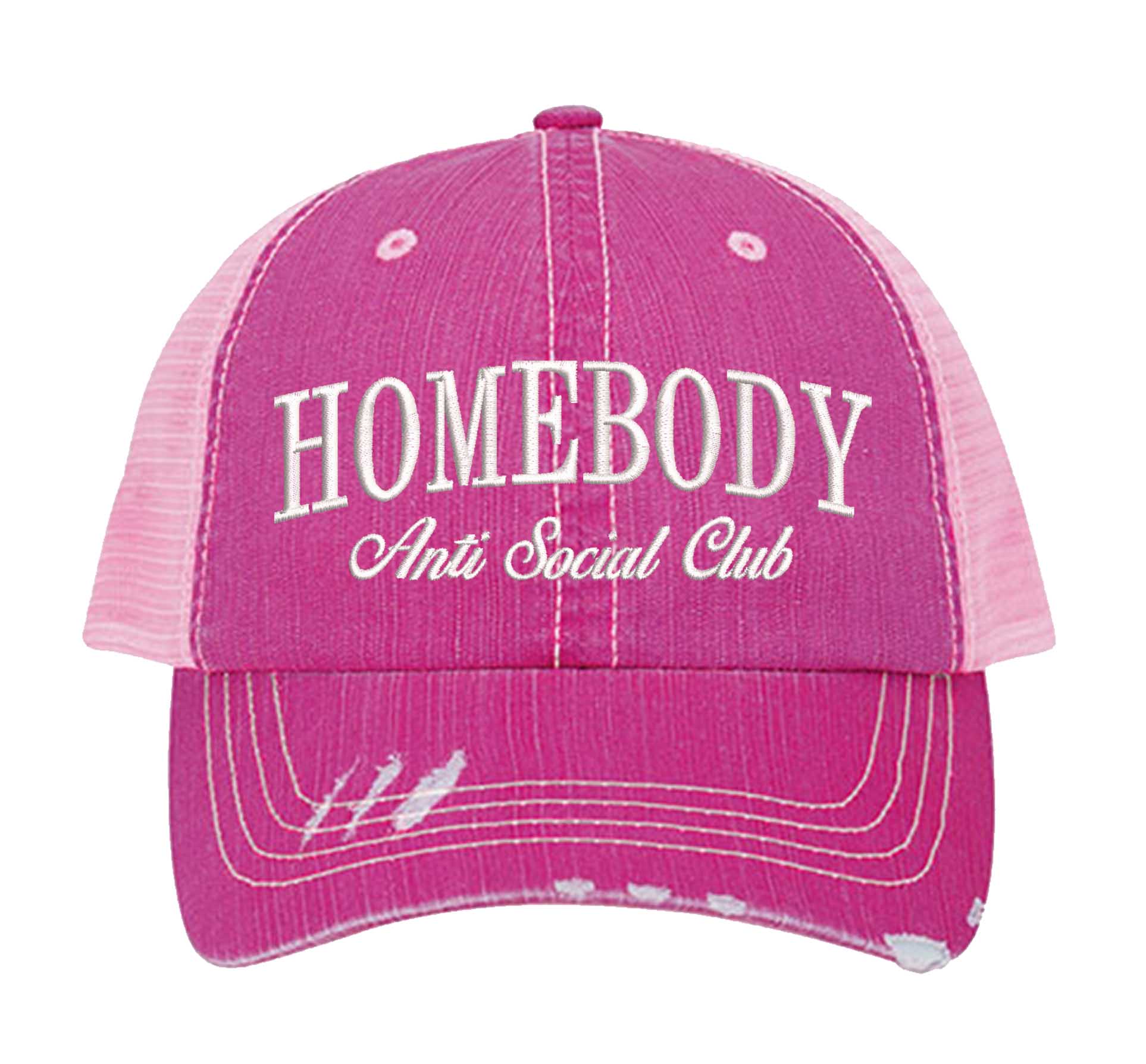 Hot Pink Homebody Anti-Social Club embroidered distressed trucker hat for women. Casual statement hat for everyday comfort, errands, and street style. - DSY Lifestyle