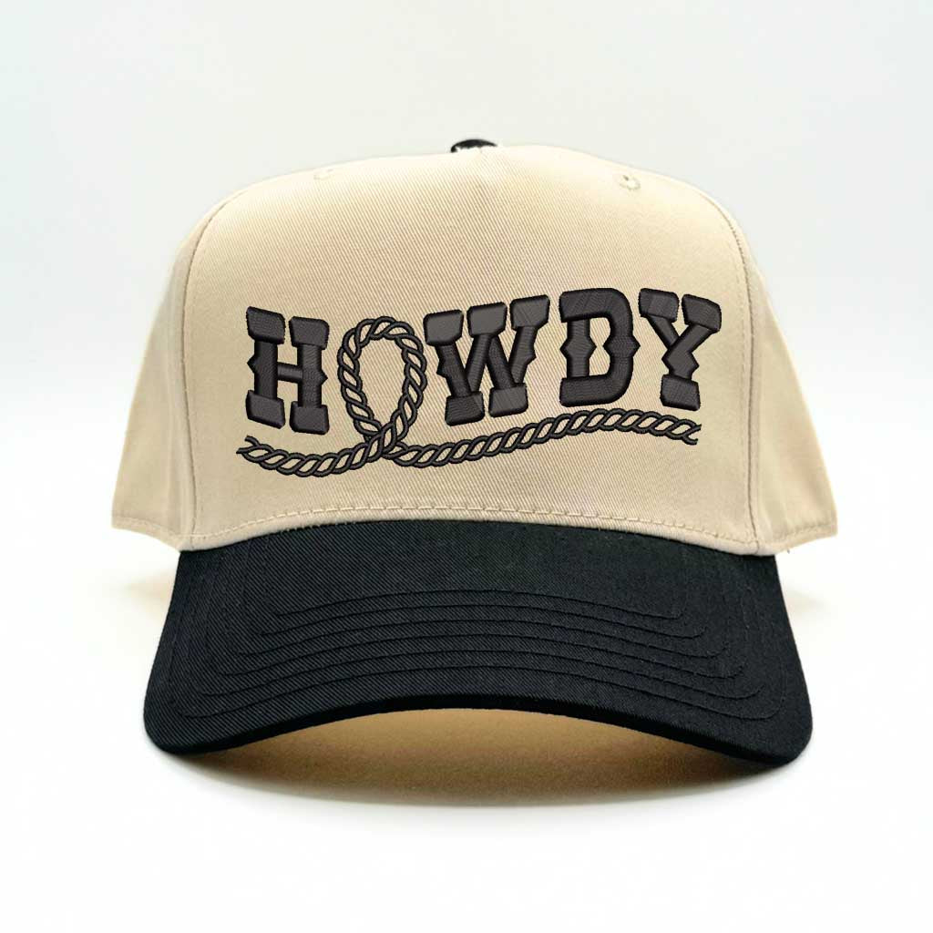 Natural Black Howdy Rope Two-Tone 5-Panel Baseball Hat with embroidered rope-style lettering, a structured fit, and an adjustable hook-and-loop closure—DSY Lifestyle