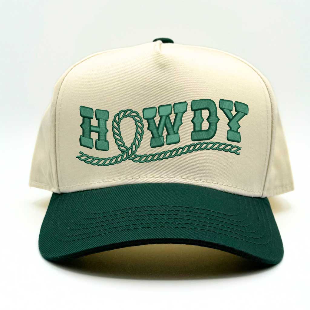 Natural Forest Green Howdy Rope Two-Tone 5-Panel Baseball Hat with embroidered rope-style lettering, a structured fit, and an adjustable hook-and-loop closure—DSY Lifestyle