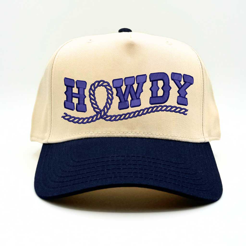 Natural Navy Blue Howdy Rope Two-Tone 5-Panel Baseball Hat with embroidered rope-style lettering, a structured fit, and an adjustable hook-and-loop closure—DSY Lifestyle
