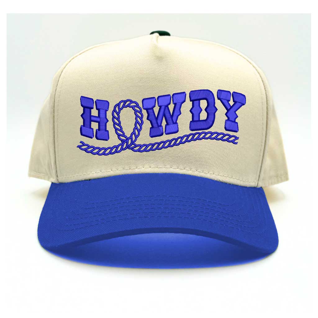 Natural Royal Blue Howdy Rope Two-Tone 5-Panel Baseball Hat with embroidered rope-style lettering, a structured fit, and an adjustable hook-and-loop closure—DSY Lifestyle
