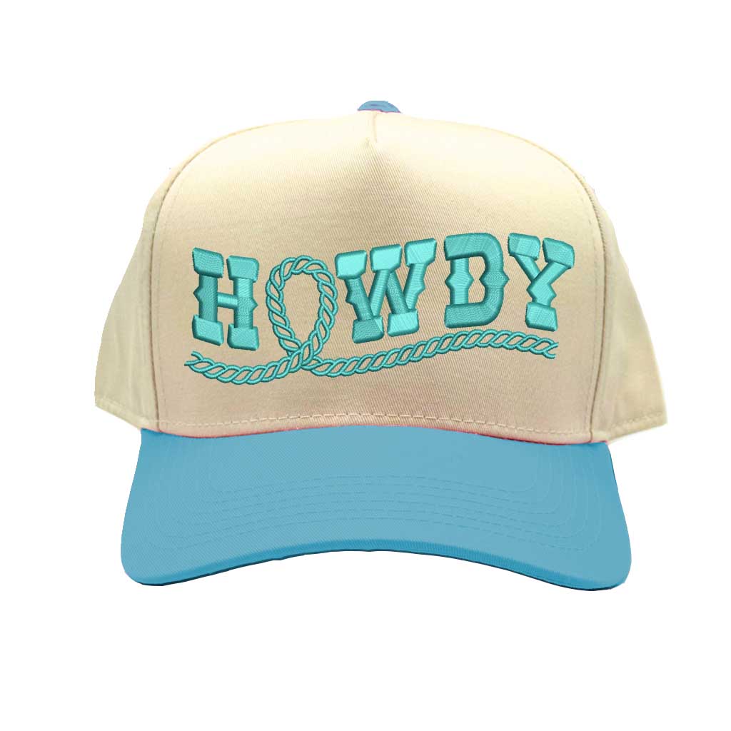 Natural Aqua Howdy Rope Spring Two-Tone 5-Panel Embroidered Baseball Hat featuring bold rope embroidery, a structured fit, and an adjustable hook-and-loop closure—DSY Lifestyle