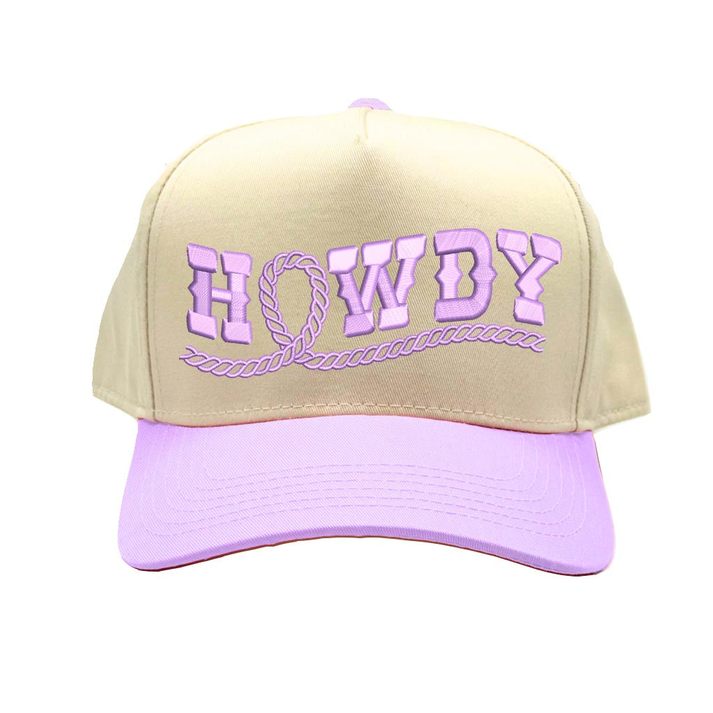 Natural Lavender Howdy Rope Spring Two-Tone 5-Panel Embroidered Baseball Hat featuring bold rope embroidery, a structured fit, and an adjustable hook-and-loop closure—DSY Lifestyle
