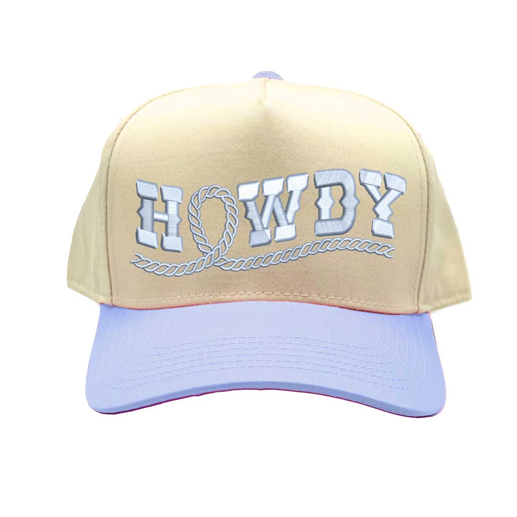 Natural Light Blue Howdy Rope Spring Two-Tone 5-Panel Embroidered Baseball Hat featuring bold rope embroidery, a structured fit, and an adjustable hook-and-loop closure—DSY Lifestyle