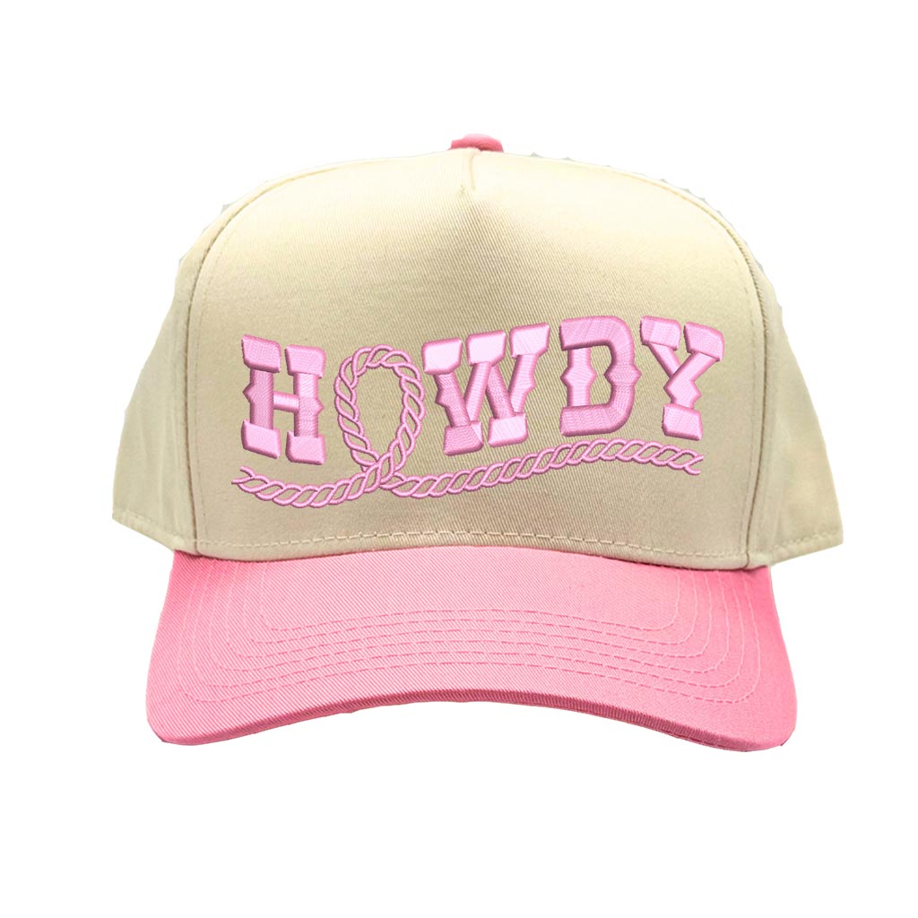 Natural Light Pink Howdy Rope Two-Tone 5-Panel Baseball Hat with embroidered rope-style lettering, a structured fit, and an adjustable hook-and-loop closure—DSY Lifestyle