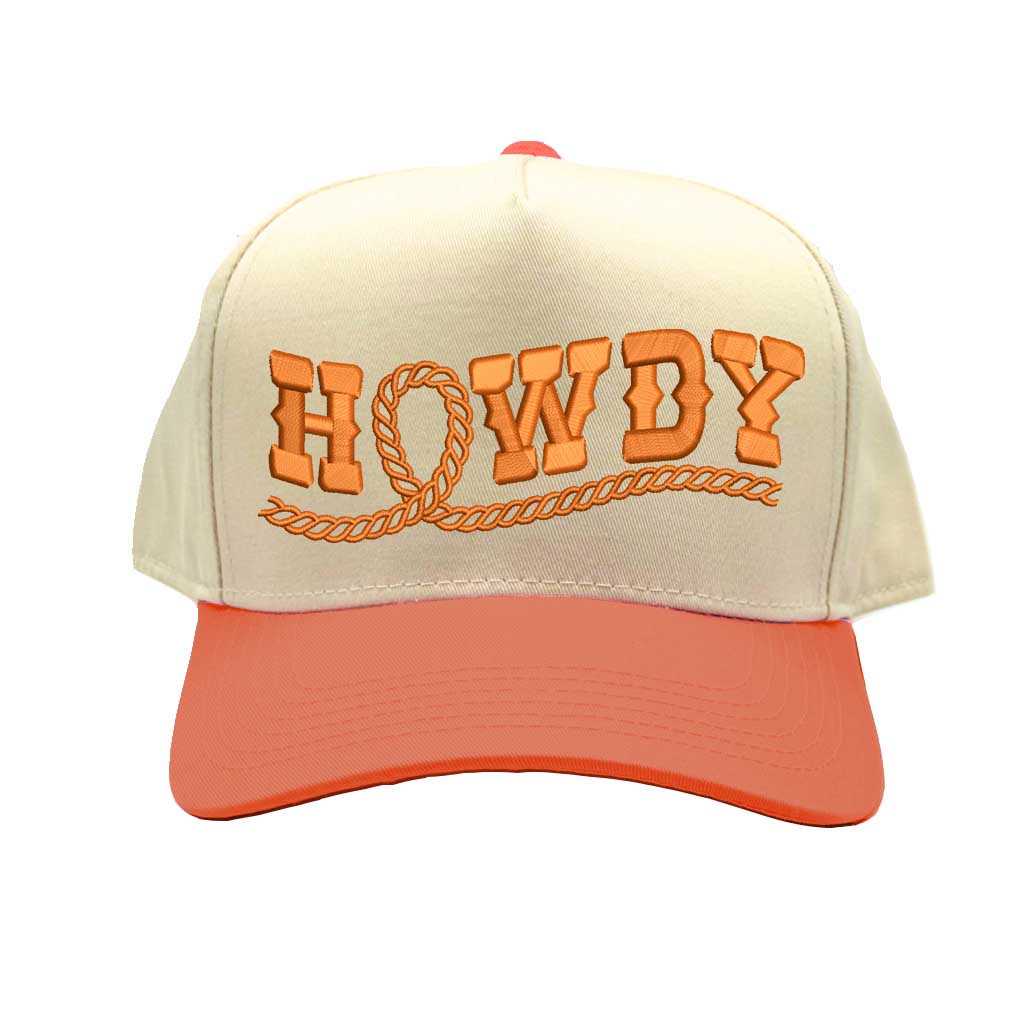 Natural Texas Orange Howdy Rope Spring Two-Tone 5-Panel Embroidered Baseball Hat featuring bold rope embroidery, a structured fit, and an adjustable hook-and-loop closure—DSY Lifestyle