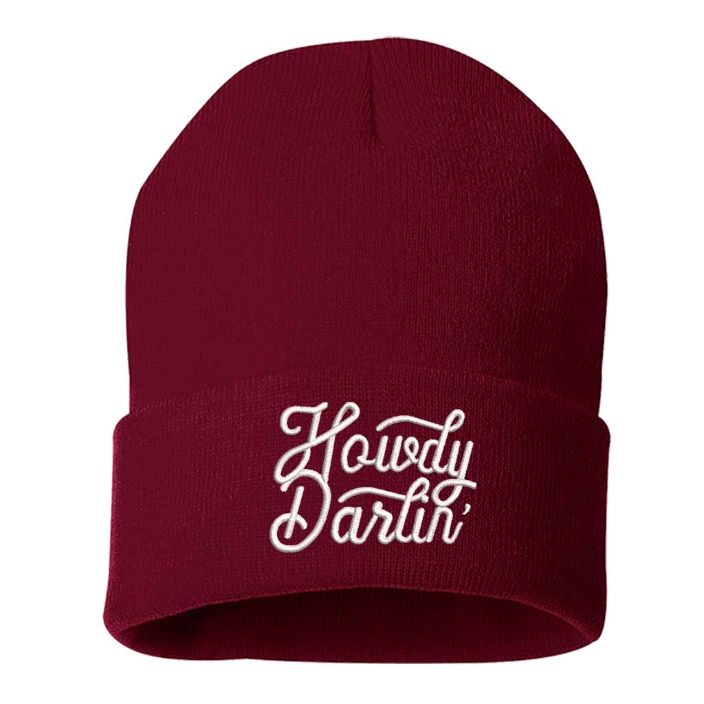 Red beanie embroidered with the phrase howdy darlin-DSY Lifestyle