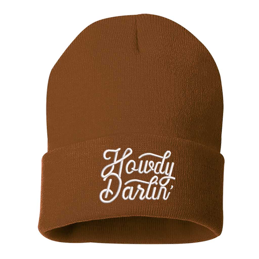 Camel beanie embroidered with the phrase howdy darlin-DSY Lifestyle