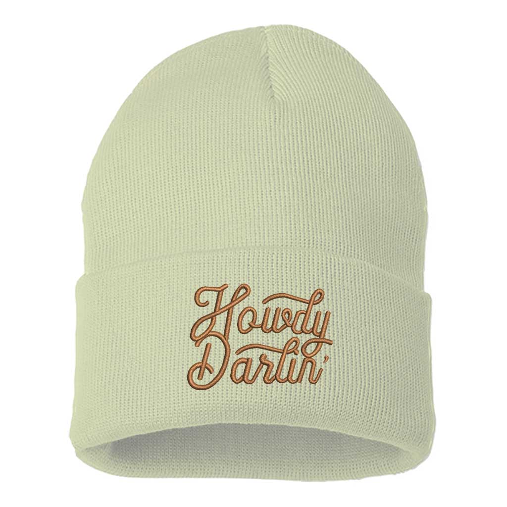 Cream/Brown Thread beanie embroidered with the phrase howdy darlin-DSY Lifestyle